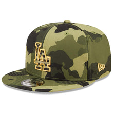Load image into Gallery viewer, Los Angeles Dodgers New Era MLB 9FIFTY 950 Snapback Cap Hat Camo Crown/Visor Camo Flag/Gold Logo (2022 Armed Forces Day)