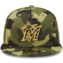 Load image into Gallery viewer, Miami Marlins New Era MLB 9FIFTY 950 Snapback Cap Hat Camo Crown/Visor Camo Flag/Gold Logo (2022 Armed Forces Day)