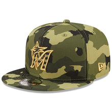 Load image into Gallery viewer, Miami Marlins New Era MLB 9FIFTY 950 Snapback Cap Hat Camo Crown/Visor Camo Flag/Gold Logo (2022 Armed Forces Day)