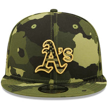 Load image into Gallery viewer, Oakland A's Athletics New Era MLB 9FIFTY 950 Snapback Cap Hat Camo Crown/Visor Camo Flag/Gold Logo (2022 Armed Forces Day)