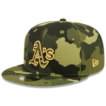 Load image into Gallery viewer, Oakland A's Athletics New Era MLB 9FIFTY 950 Snapback Cap Hat Camo Crown/Visor Camo Flag/Gold Logo (2022 Armed Forces Day)