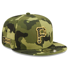 Load image into Gallery viewer, Pittsburgh Pirates New Era MLB 9FIFTY 950 Snapback Cap Hat Camo Crown/Visor Camo Flag/Gold Logo (2022 Armed Forces Day)