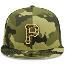 Load image into Gallery viewer, Pittsburgh Pirates New Era MLB 9FIFTY 950 Snapback Cap Hat Camo Crown/Visor Camo Flag/Gold Logo (2022 Armed Forces Day)