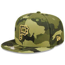 Load image into Gallery viewer, Pittsburgh Pirates New Era MLB 9FIFTY 950 Snapback Cap Hat Camo Crown/Visor Camo Flag/Gold Logo (2022 Armed Forces Day)
