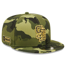 Load image into Gallery viewer, San Diego Padres New Era MLB 9FIFTY 950 Snapback Cap Hat Camo Crown/Visor Camo Flag/Gold Logo (2022 Armed Forces Day)