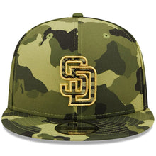 Load image into Gallery viewer, San Diego Padres New Era MLB 9FIFTY 950 Snapback Cap Hat Camo Crown/Visor Camo Flag/Gold Logo (2022 Armed Forces Day)