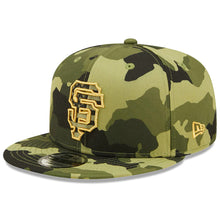 Load image into Gallery viewer, San Francisco Giants New Era MLB 9FIFTY 950 Snapback Cap Hat Camo Crown/Visor Camo Flag/Gold Logo (2022 Armed Forces Day)