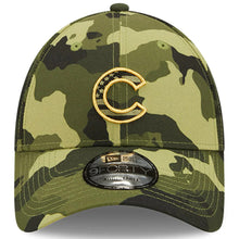 Load image into Gallery viewer, Chicago Cubs New Era MLB 9FORTY 940 Adjustable Cap Hat Camo Crown/Visor Camo Flag/Gold Logo (2022 Armed Forces Day)