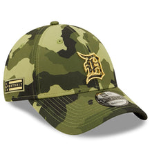 Load image into Gallery viewer, Detroit Tigers New Era MLB 9FORTY 940 Adjustable Cap Hat Camo Crown/Visor Camo Flag/Gold Logo (2022 Armed Forces Day)