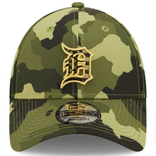 Load image into Gallery viewer, Detroit Tigers New Era MLB 9FORTY 940 Adjustable Cap Hat Camo Crown/Visor Camo Flag/Gold Logo (2022 Armed Forces Day)