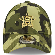 Load image into Gallery viewer, Houston Astros New Era MLB 9FORTY 940 Adjustable Cap Hat Camo Crown/Visor Camo Flag/Gold Logo (2022 Armed Forces Day)