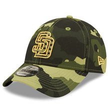 Load image into Gallery viewer, San Diego Padres New Era MLB 9FORTY 940 Adjustable Cap Hat Camo Crown/Visor Camo Flag/Gold Logo (2022 Armed Forces Day)