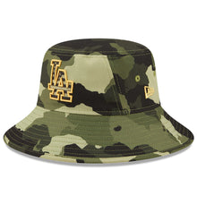 Load image into Gallery viewer, Los Angeles Dodgers New Era MLB Bucket Cap Hat Camo Crown/Visor Camo Flag/Gold Logo (2022 Armed Forces Day)