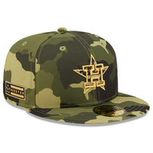 Load image into Gallery viewer, Houston Astros New Era MLB 59FIFTY 5950 Fitted Cap Hat Camo Crown/Visor Camo/Metallic Gold Logo (2022 Armed Forces Day)