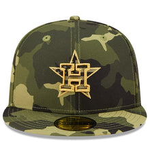 Load image into Gallery viewer, Houston Astros New Era MLB 59FIFTY 5950 Fitted Cap Hat Camo Crown/Visor Camo/Metallic Gold Logo (2022 Armed Forces Day)