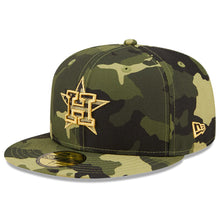 Load image into Gallery viewer, Houston Astros New Era MLB 59FIFTY 5950 Fitted Cap Hat Camo Crown/Visor Camo/Metallic Gold Logo (2022 Armed Forces Day)