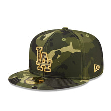 Load image into Gallery viewer, Los Angeles Dodgers New Era MLB 59FIFTY 5950 Fitted Cap Hat Camo Crown/Visor Camo/Metallic Gold Logo (2022 Armed Forces Day)