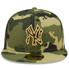 Load image into Gallery viewer, New York Yankees New Era MLB 59FIFTY 5950 Fitted Cap Hat Camo Crown/Visor Camo/Metallic Gold Logo (2022 Armed Forces Day)