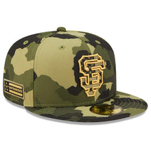 Load image into Gallery viewer, San Francisco Giants New Era MLB 59FIFTY 5950 Fitted Cap Hat Camo Crown/Visor Camo/Metallic Gold Logo (2022 Armed Forces Day)