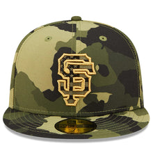Load image into Gallery viewer, San Francisco Giants New Era MLB 59FIFTY 5950 Fitted Cap Hat Camo Crown/Visor Camo/Metallic Gold Logo (2022 Armed Forces Day)