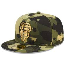 Load image into Gallery viewer, San Francisco Giants New Era MLB 59FIFTY 5950 Fitted Cap Hat Camo Crown/Visor Camo/Metallic Gold Logo (2022 Armed Forces Day)