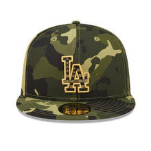 Load image into Gallery viewer, Los Angeles Dodgers New Era MLB 59FIFTY 5950 Fitted Cap Hat Camo Crown/Visor Camo/Metallic Gold Logo (2022 Armed Forces Day)