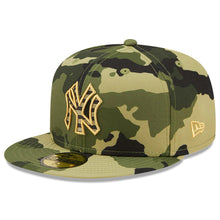 Load image into Gallery viewer, (Youth) New York Yankees New Era MLB 59FIFTY 5950 Fitted Kid Cap Hat Camo Crown/Visor Camo/Metallic Gold Logo (2022 Armed Forces Day)