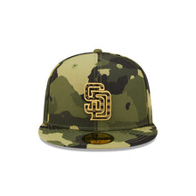 Load image into Gallery viewer, (Youth) San Diego Padres New Era MLB 59FIFTY 5950 Fitted Kid Cap Hat Camo Crown/Visor Camo/Metallic Gold Logo (2022 Armed Forces Day)