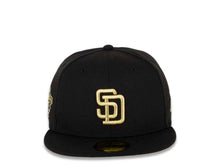 Load image into Gallery viewer, San Diego Padres New Era MLB 59FIFTY 5950 Fitted Cap Hat Black Crown/Visor Metallic Gold Logo 1998 World Series Side Patch Metallic Gold UV