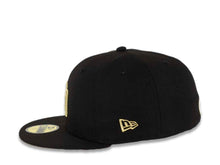 Load image into Gallery viewer, San Diego Padres New Era MLB 59FIFTY 5950 Fitted Cap Hat Black Crown/Visor Metallic Gold Logo 1998 World Series Side Patch Metallic Gold UV