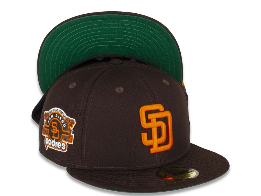 San Diego Padres New Era MLB 59FIFTY 5950 Fitted Cap Hat Dark Brown Crown Orange Logo San Diego Stadium Side Patch Green UV 7 5/8