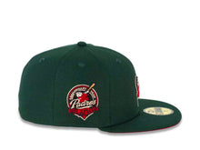 Load image into Gallery viewer, San Diego Padres New Era MLB 59FIFTY 5950 Fitted Cap Hat Dark Green Crown/Visor Red/Bronze “Swinging Friar” Logo 40th Anniversary Side Patch Red UV