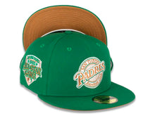 Load image into Gallery viewer, San Diego Padres New Era MLB 59FIFTY 5950 Fitted Cap Hat Green Crown/Visor Light Bronze/White/Green "Baseball Club" Logo 1992 All-Star Game Side Patch Light Bronze UV