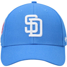 Load image into Gallery viewer, San Diego Padres '47 MLB MVP Adjustable Cap Hat Sky Blue Crown/Visor White Logo 1992 All-Star Game Side Patch Magenta UV