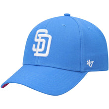 Load image into Gallery viewer, San Diego Padres '47 MLB MVP Adjustable Cap Hat Sky Blue Crown/Visor White Logo 1992 All-Star Game Side Patch Magenta UV