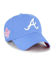 Load image into Gallery viewer, Atlanta Braves '47 MLB MVP Adjustable Cap Hat Sky Blue Crown/Visor White Logo 1995 World Series Side Patch Magenta UV
