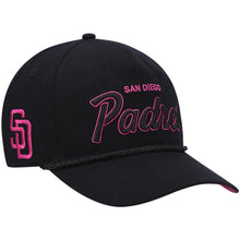 Load image into Gallery viewer, San Diego Padres '47 MLB Snapback/Hitch Cap Hat Black Crown/Visor Black/Magenta Script/Text Logo with SD Side Patch Magenta UV