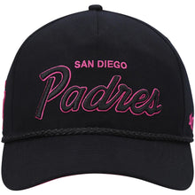 Load image into Gallery viewer, San Diego Padres '47 MLB Snapback/Hitch Cap Hat Black Crown/Visor Black/Magenta Script/Text Logo with SD Side Patch Magenta UV