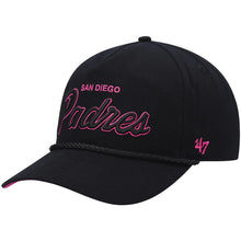 Load image into Gallery viewer, San Diego Padres '47 MLB Snapback/Hitch Cap Hat Black Crown/Visor Black/Magenta Script/Text Logo with SD Side Patch Magenta UV