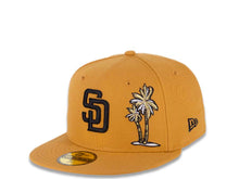 Load image into Gallery viewer, San Diego Padres New Era MLB 59FIFTY 5950 Fitted Cap Hat Panama Tan Crown/Visor Black Logo With Palm Tree 40th Anniversary Side Match Chrome White UV