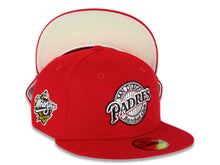 Load image into Gallery viewer, San Diego Padres New Era MLB 59FIFTY 5950 Fitted Cap Hat Red Crown/Visor Black/Chrome White Baseball Clube Cooperstown Retro Logo 1998  World Series Side Patch Chrome White UV
