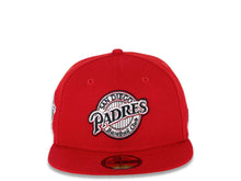 Load image into Gallery viewer, San Diego Padres New Era MLB 59FIFTY 5950 Fitted Cap Hat Red Crown/Visor Black/Chrome White Baseball Clube Cooperstown Retro Logo 1998  World Series Side Patch Chrome White UV

