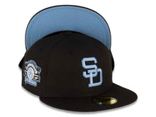 Load image into Gallery viewer, San Diego Padres New Era MLB 59FIFTY 5950 Fitted Cap Hat Black Crown/Visor Sky Blue Cooperstown Retro Logo Stadium Side Patch Sky Blue UV