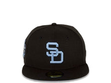 Load image into Gallery viewer, San Diego Padres New Era MLB 59FIFTY 5950 Fitted Cap Hat Black Crown/Visor Sky Blue Cooperstown Retro Logo Stadium Side Patch Sky Blue UV