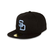 Load image into Gallery viewer, San Diego Padres New Era MLB 59FIFTY 5950 Fitted Cap Hat Black Crown/Visor Sky Blue Cooperstown Retro Logo Stadium Side Patch Sky Blue UV