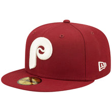 Load image into Gallery viewer, Philadelphia Phillies New Era MLB 59FIFTY 5950 Fitted Cap Hat Cardinal Crown/Visor Team Color Cooperstown Retro Logo 1980 World Series Side Patch Lavender UV (Pop Sweat)