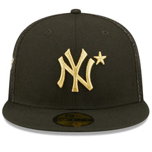 Load image into Gallery viewer, New York Yankees New Era MLB 59FIFTY 5950 Mesh Trucker Fitted Cap Hat Black Crown/Visor Metallic Gold Logo with Star 2022 All-Star Game Side Patch (2022 All-Star Game On-Field)