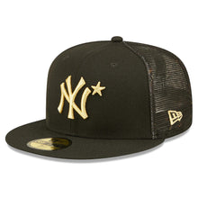 Load image into Gallery viewer, New York Yankees New Era MLB 59FIFTY 5950 Mesh Trucker Fitted Cap Hat Black Crown/Visor Metallic Gold Logo with Star 2022 All-Star Game Side Patch (2022 All-Star Game On-Field)