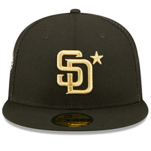 Load image into Gallery viewer, San Diego Padres New Era MLB 59FIFTY 5950 Mesh Trucker Fitted Cap Hat Black Crown/Visor Metallic Gold Logo with Star 2022 All-Star Game Side Patch (2022 All-Star Game On-Field)