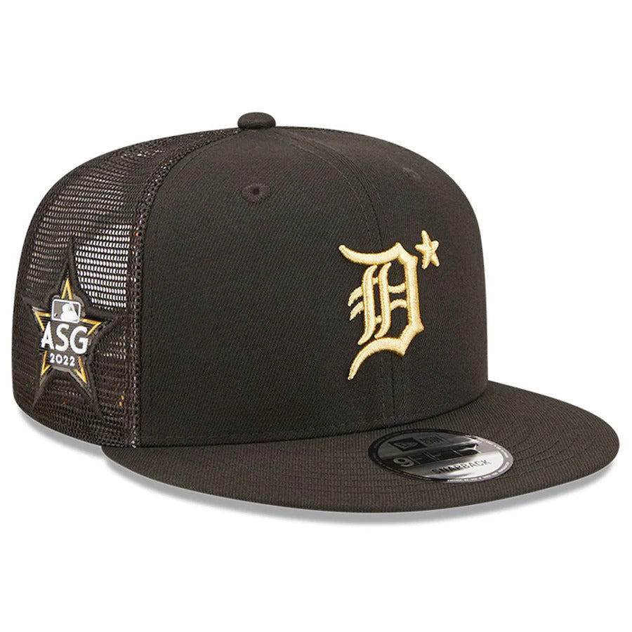 Detroit Tigers New Era 9FIFTY 950 Mesh Trucker Snapback Cap Hat Black Crown/Visor Metallic Gold Logo with Star 2022 All-Star Game Side Patch (2022 All-Star Game On-Field)